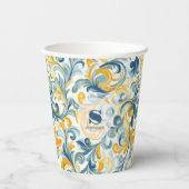 Leaf-Muster in Blau und Gold Paisley Pappbecher (Rückseite)