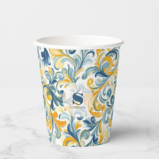 Leaf-Muster in Blau und Gold Paisley Pappbecher (Vorderseite)