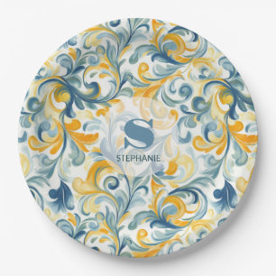 Leaf-Muster in Blau und Gold Paisley Pappteller