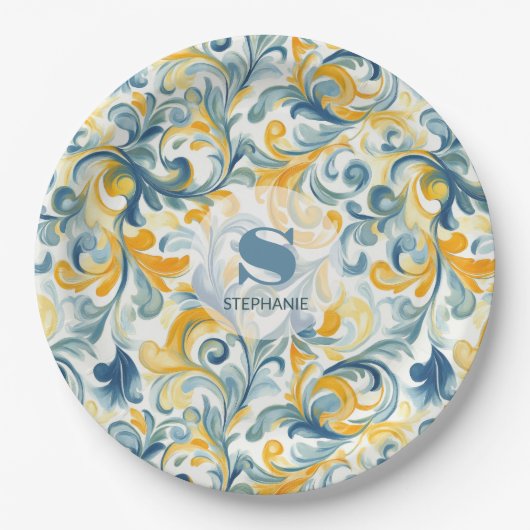 Leaf-Muster in Blau und Gold Paisley Pappteller (Vorderseite)