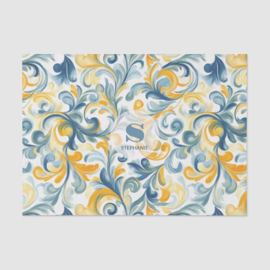 Leaf-Muster in Blau und Gold Paisley Seidenpapier (Vorderseite)