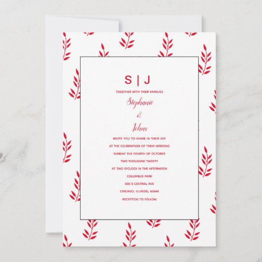 Leaf Muster Red White Monogram Name Wedding Einladung (Vorderseite)