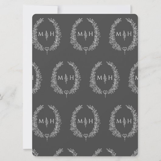 Leaf oval line Art Hochzeit dunkelgrau und weiß Einladung (Rückseite)