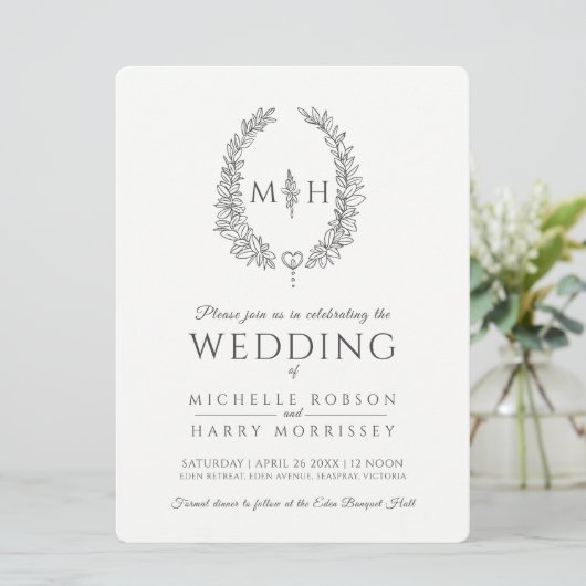 Leaf oval line Art Hochzeit dunkelgrau und weiß Einladung (Stehend Vorderseite)