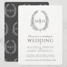 Leaf oval line Art Hochzeit dunkelgrau und weiß Einladung