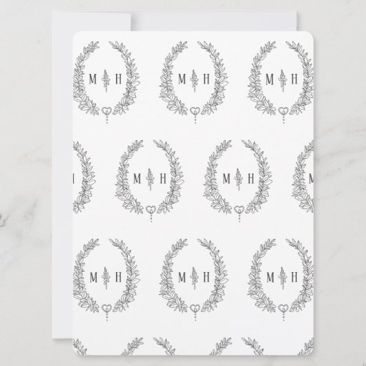 Leaf oval line Art Hochzeit dunkelgrau und weiß Einladung (Rückseite)