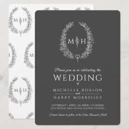 Leaf oval line Art Hochzeit dunkelgrau und weiß Einladung
