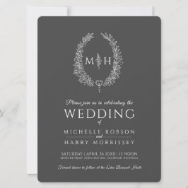Leaf oval line Art Hochzeit dunkelgrau und weiß Einladung