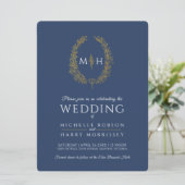 Leaf oval line Art Hochzeit Gold Marine blau weiß Einladung (Stehend Vorderseite)