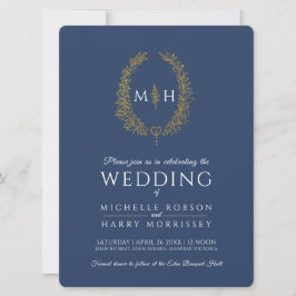 Leaf oval line Art Hochzeit Gold Marine blau weiß Einladung