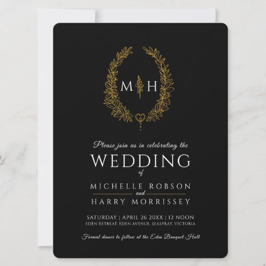 Leaf oval line Art Hochzeit Gold Schwarz-Weiß Einladung (Vorderseite)