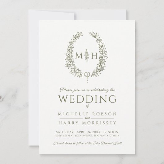 Leaf oval line Art Hochzeit Olivenöl Weiß Foto Einladung (Vorderseite)