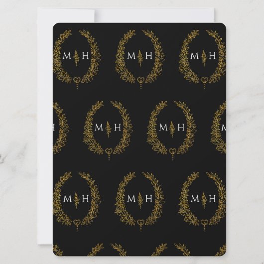 Leaf oval line Art Hochzeit schwarz und gold auf w Einladung (Rückseite)