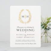 Leaf oval line Art Hochzeit schwarz und gold auf w Einladung (Stehend Vorderseite)