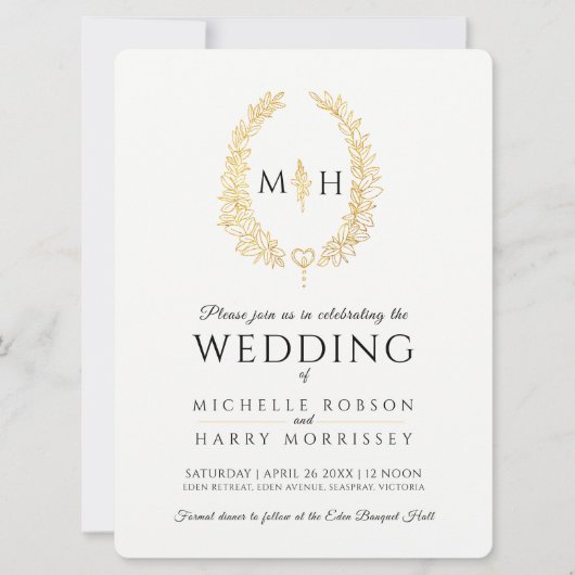 Leaf oval line Art Hochzeit schwarz und gold auf w Einladung (Vorderseite)