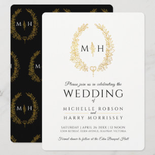 Leaf oval line Art Hochzeit schwarz und gold auf w Einladung