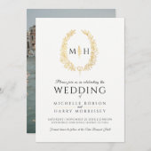 Leaf oval line Art Hochzeit schwarz und gold auf w Einladung (Vorne/Hinten)