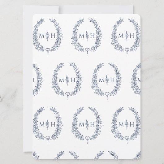 Leaf oval line Art Hochzeitsnacht blau-weiß Einladung (Rückseite)