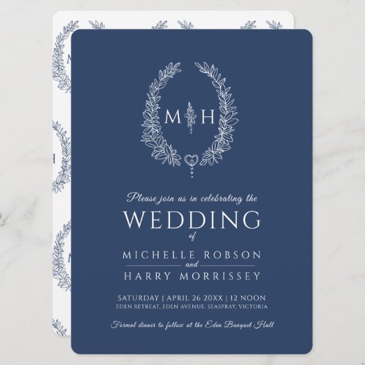 Leaf oval line Art Hochzeitsnacht blau-weiß Einladung (Vorne/Hinten)