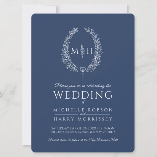 Leaf oval line Art Hochzeitsnacht blau-weiß Einladung (Vorderseite)