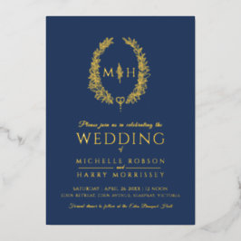 Leaf oval line Art Hochzeitsnacht blau-weiß Folieneinladung