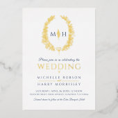 Leaf oval line Art Hochzeitsnacht blaues Gold weiß Folieneinladung (Vorderseite)