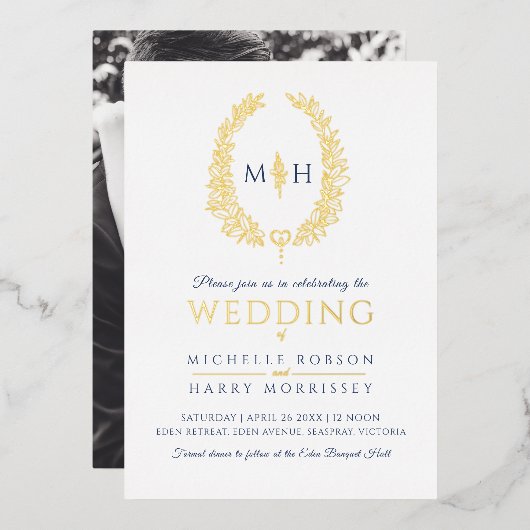 Leaf oval line Art Hochzeitsnacht blaues Gold weiß Folieneinladung (Vorderseite/Rückseite)