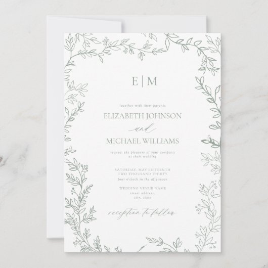 Leaf Sage Green Elegant Monogram Details Hochzeit Einladung (Vorderseite)