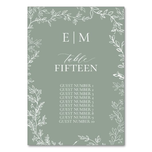 Leaf Sage Green Elegant Monogram Tischnummer (Rückseite)