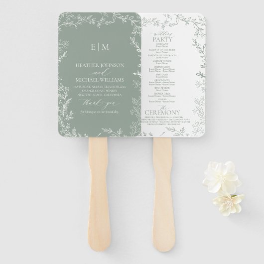Leaf Sage Green Elegant Monogram Wedding Program Fächer (Vorne und Hinten)