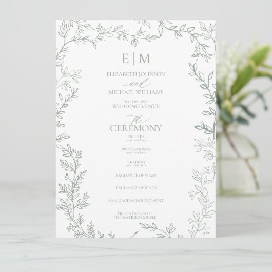 Leaf Sage Green Elegant Monogram Wedding Programm (Stehend Vorderseite)