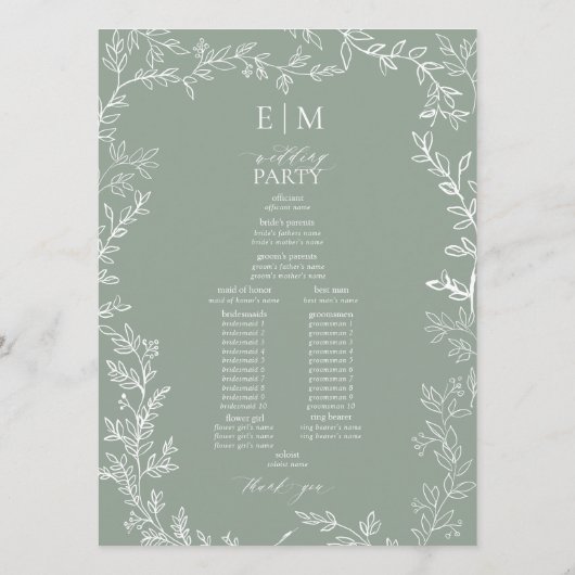 Leaf Sage Green Elegant Monogram Wedding Programm (Rückseite)