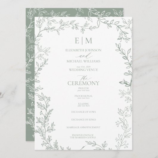 Leaf Sage Green Elegant Monogram Wedding Programm (Vorne/Hinten)