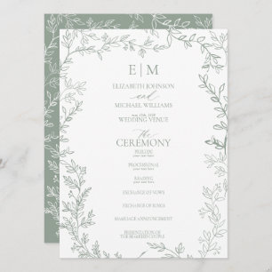 Leaf Sage Green Elegant Monogram Wedding Programm