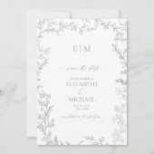 Leaf Sage Green Elegante Monogram Save the Date Einladung (Vorderseite)