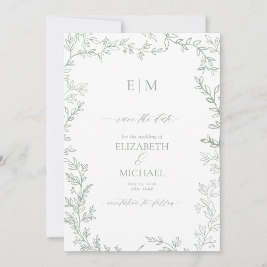 Leaf Sage Green Elegante Monogram Save the Date Einladung (Vorderseite)