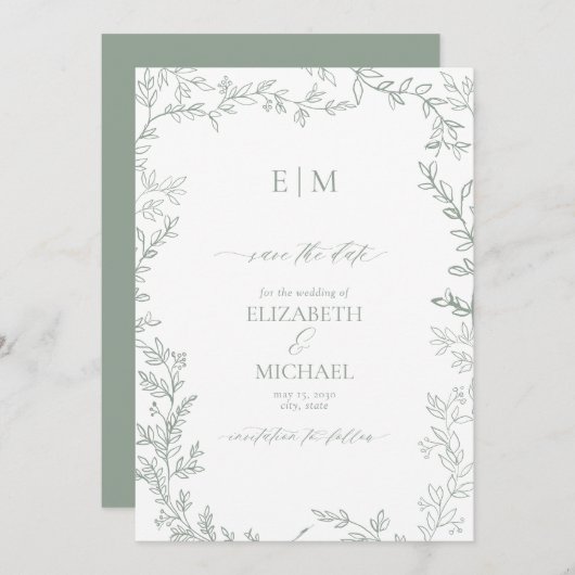 Leaf Sage Green Elegante Monogram Save the Date Einladung (Vorne/Hinten)