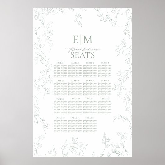 Leaf Sage Green elegante Monogram Wedding Seating Poster (Vorne)