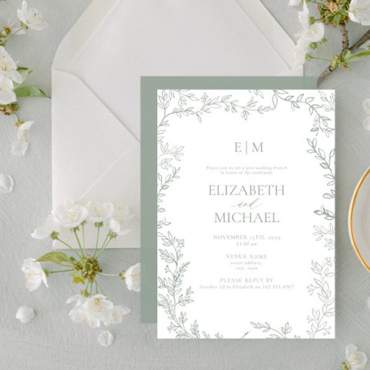 Leaf Sage Green Monogram Post Wedding Brunch Einladung