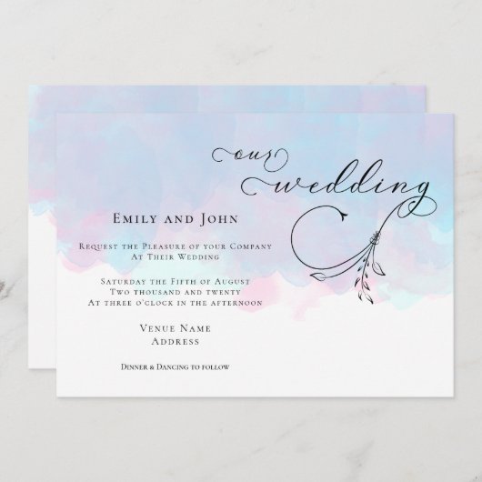 Leaf Script Pink Blue Lilac Wasserfarben Hochzeit Einladung (Vorne/Hinten)