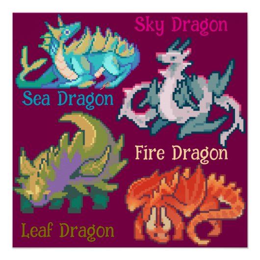 Leaf, sky, fire, sea Dragon pixel art Poster (Vorderseite)