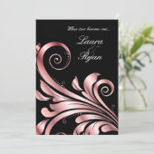 Leaf Swirl Wedding Einladung Black Pink (Stehend Vorderseite)