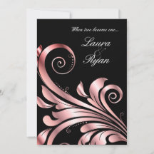 Leaf Swirl Wedding Einladung Black Pink