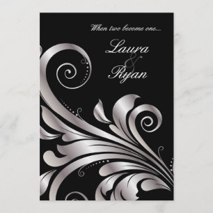 Leaf Swirl Wedding Einladung Black Silver