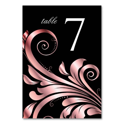 Leaf Swirl Wedding Tischnummer Black Pink (Vorderseite)