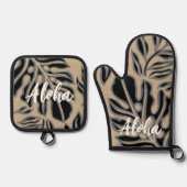 Leaf Tiki Black Hawaiian Tropical Ofenhandschuh & Topflappen-Set (Vorderseite)
