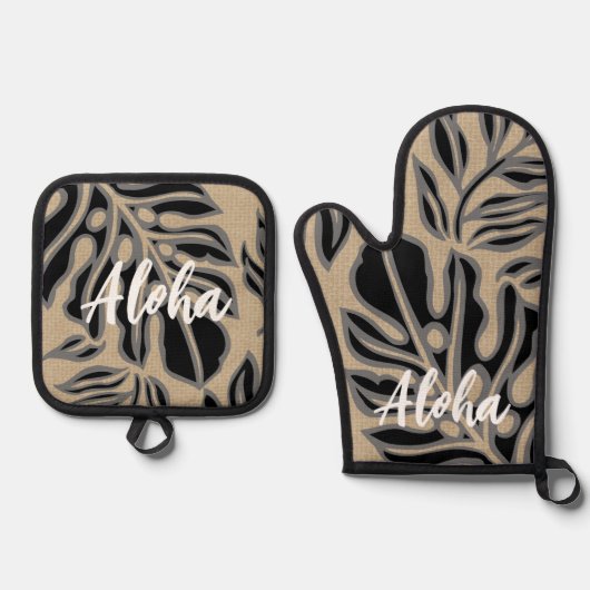Leaf Tiki Black Hawaiian Tropical Ofenhandschuh & Topflappen-Set (Vorderseite)