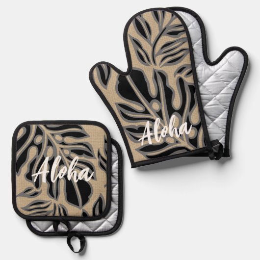 Leaf Tiki Black Hawaiian Tropical Ofenhandschuh & Topflappen-Set (Vorderseite/Rückseite)
