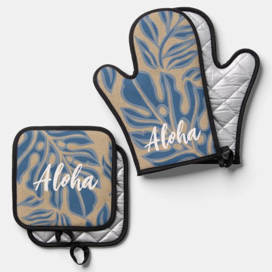 Leaf Tiki Indigo Blue Hawaiian Tropical Ofenhandschuh & Topflappen-Set (Vorderseite/Rückseite)