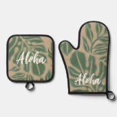 Leaf Tiki sage Green Hawaiian Tropical Ofenhandschuh & Topflappen-Set (Vorderseite)